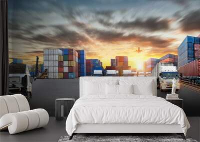 Container truck in ship port for business Logistics import export goods of freight carrier and transportation industry concept Wall mural