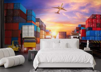 forklift handling container box loading to truck in import export logistic, Business logistics concept Wall mural