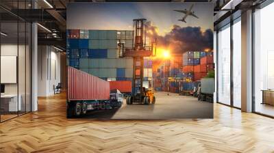 forklift handling container box loading to truck in import export logistic, Business logistics concept Wall mural