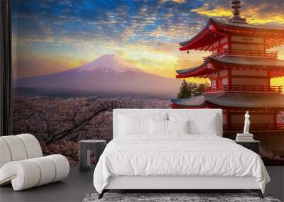 Fujiyoshida, Japan Beautiful view of mountain Fuji and Chureito pagoda at sunset, japan in the spring with cherry blossoms Wall mural