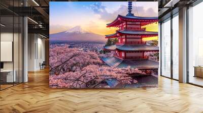 Fujiyoshida, Japan Beautiful view of mountain Fuji and Chureito pagoda at sunset, japan in the spring with cherry blossoms Wall mural