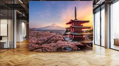 Fujiyoshida, Japan Beautiful view of mountain Fuji and Chureito pagoda at sunset, japan in the spring with cherry blossoms Wall mural