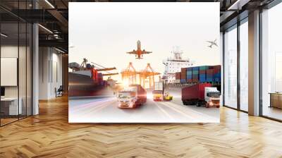 Global business logistics import export of containers cargo freight ship loading at port by crane, container transport, cargo plane, truck to port background Wall mural