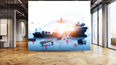 Global business of Container Cargo freight ship for Business logistics concept, Air cargo trucking, Rail transportation and maritime shipping, Online goods orders worldwide Wall mural