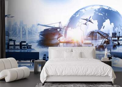 Global business of Container Cargo freight train for Business logistics concept, Air cargo trucking, Rail transportation and maritime shipping, Online goods orders worldwide Wall mural