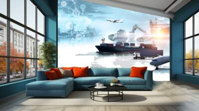 Global business of Container Cargo freight train for Business logistics concept, Air cargo trucking, Rail transportation and maritime shipping, Online goods orders worldwide Wall mural