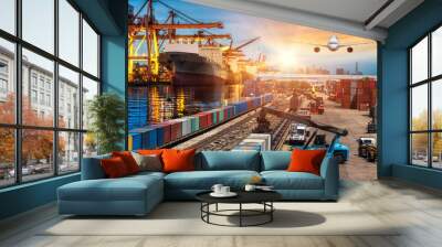 Global business of Container Cargo freight train for Business transport and import-export commercial logistic concept, Air cargo trucking, Rail transportation and maritime shipping Wall mural