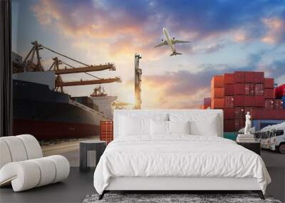 Logistics and transportaIndustrial Container Cargo freight ship, forklift handling container box loading for logistic import export and transport industry concept backgroundtransport industry  Wall mural