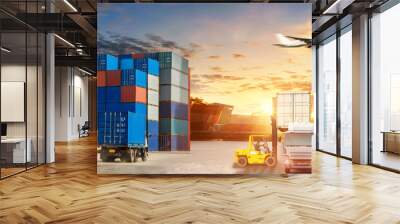 Logistics and transportaIndustrial Container Cargo freight ship, forklift handling container box loading for logistic import export and transport industry concept backgroundtransport industry Wall mural