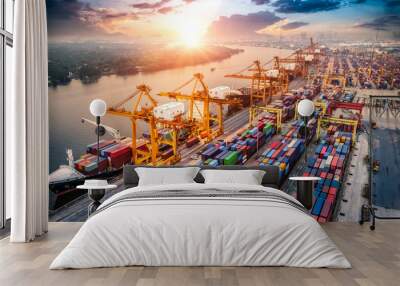 logistics and transportation of container cargo ship and cargo plane with working crane bridge in sh Wall mural