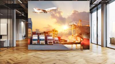 logistics and transportation of container cargo ship and cargo plane with working crane bridge in sh Wall mural