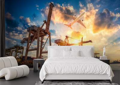 Logistics and transportation of Container Cargo ship and Cargo plane with working crane bridge in shipyard, logistic import export and transport industry background Wall mural