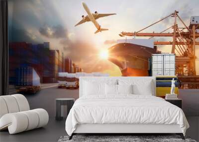 Logistics and transportation of Container Cargo ship and Cargo plane with working crane bridge in shipyard at sunrise, logistic import export and transport industry background Wall mural