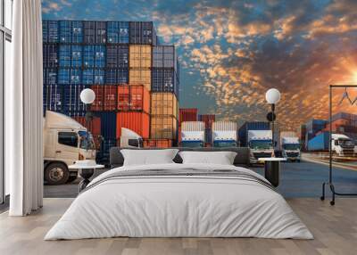 Logistics and transportation of Container Cargo ship and Cargo plane with working crane bridge in shipyard at sunrise, logistic import export and transport industry background Wall mural