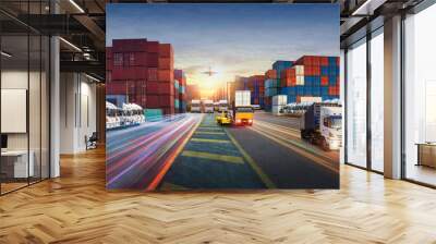 Logistics and transportation of Container Cargo ship and Cargo plane with working crane bridge in shipyard at sunrise, logistic import export and transport industry background Wall mural