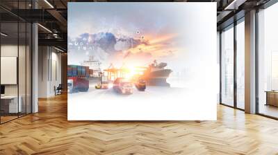 World map with logistic network distribution on background. Logistic and transport concept in front Container Cargo freight ship for Concept of fast or instant shipping, Online goods orders worldwide Wall mural