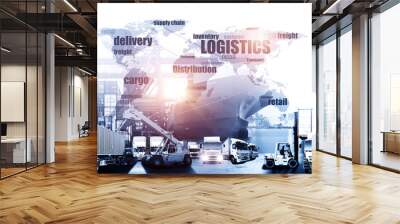 World map with logistic network distribution on background. Logistic and transport concept in front Logistics Industrial Container Cargo freight ship for Concept of fast or instant shipping Wall mural