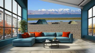 Camping on the beautiful Karakul lake, M41 Pamir Highway, Tajikistan Wall mural