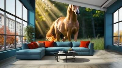 The bay horse gallops on the grass Wall mural