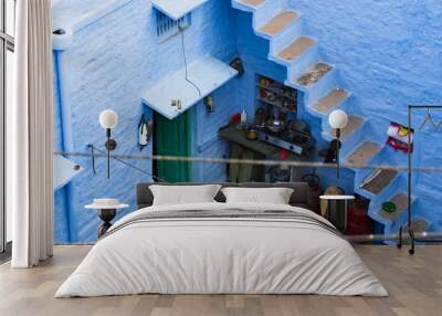 Close-up view of a kitchen on a roof in the blue city of Jodhpur, India. Wall mural