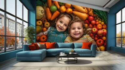 Attractive smiling kids among many healthy fruits and vegetables, proper nutrition healthy diet concept top view, anti aging lifestyle of happy children without eating disorder, generative AI Wall mural