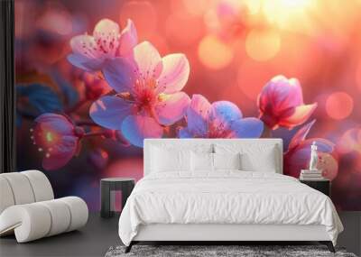 Beautiful blue flowers illuminated by soft warm sunset light creating dreamy and serene scene Wall mural