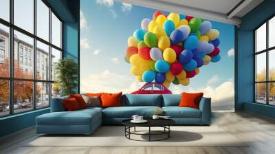 car with attached multicolored balloons flies high in blue sky, new car as gift for holiday, fast tr Wall mural