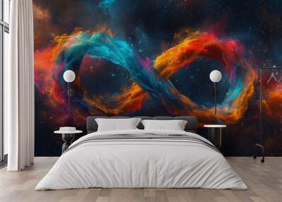 Cosmic themed infinity symbol with swirling colors of blue and orange against starry backdrop Wall mural