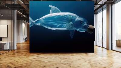 Fish plastic bottle shape floating underwater, marine plastic pollution concept, fish plastic pollution in ocean, environmental pollution by human, microplastics in marine ecosystem, generative AI Wall mural