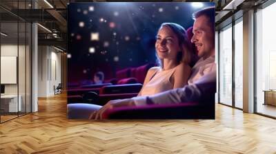 Happy smiling couple watch movie at cinema, projector light above modern cinema hall, pleasant enjoying time at evening for loving couple, joyful dating in cinema, generative AI Wall mural