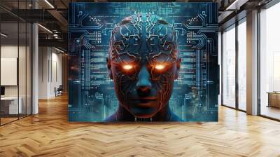 Human cyborg with circuit pattern on head against cyberspace backdrop symbolizing fusion of technology and humanity and integration, brain implants concept with integration of human and machine Wall mural