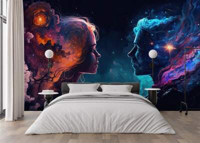 Love couple heads colorful silhouettes in night sky with beautiful galaxy stars sincere true love of two persons souls multicolored nebula in shape of lovers faces, love of man and woman generative AI Wall mural