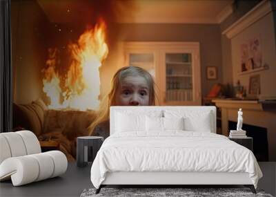 Scared little girl running away from fire in home, screaming girl dabbled with fire flame and accidental arson of apartment, fire in house due kid without supervision concept, generative AI Wall mural