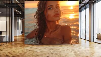 Serene young woman enjoys peaceful nude swimming in ocean at sunset, surrounded by warm, golden light and tranquil waters, embodying sense of freedom and harmony with nature Wall mural