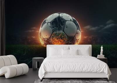 Soccer ball on green football field of stadium, close up evening neon glowing, world cup soccer championship concept. White black football ball on green grass field before playing game, generative AI Wall mural