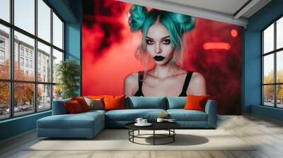 Stylish young woman with turquoise hair in double buns and black lipstick enjoys vibrant night out Wall mural