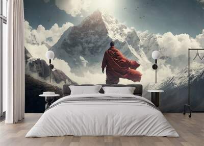 Tibetan monk in red robe walking on path among mountains rear view, beautiful nature landscape of divine sacred concept, monk pilgrim traveling alone outdoor at breathtaking nature view, generative AI Wall mural