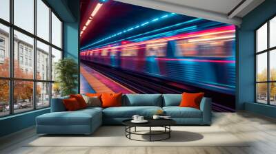 Underground station with high speed passing train with blurred light trails Wall mural