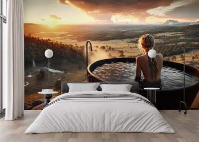 Young woman take bath outdoor at sunset, girl rear view to nude back take relax SPA procedure on nature fresh air at sunset, vacation rest and contemplating environment beauty, generative AI Wall mural