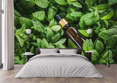 Essential oil bottle and green mint leaves background. Aromatherapy, green organic cosmetics. Wall mural