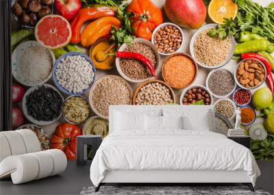 Healthy food assortment, various vegetables, fruits, legumes, grains, and superfoods concept of vegetarian diet. Wall mural