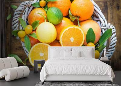 Mix of fresh citrus fruits on rustic wood Wall mural