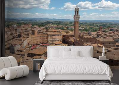 Panoramic view of Siena city with Piazza del Campo and the Torre del Mangia Wall mural