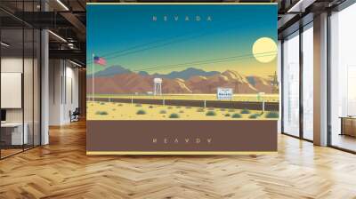 Evening landscape of Nevada, USA. Symbolic vector illustration of an interstate highway of the American South State Wall mural