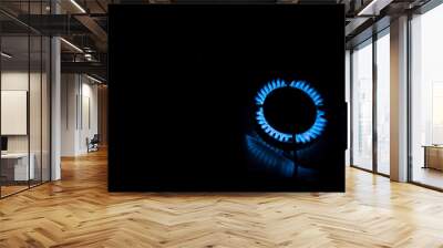 One burner with blue flames in a black background Wall mural