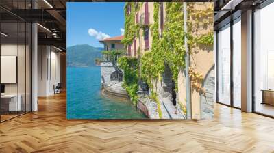 View of the famous Lake Como from the small village named Nasso, Italy. Green ivy on a building in the foreground. Wall mural