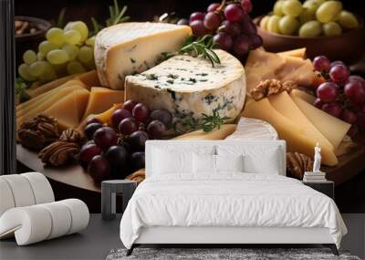 Assortment of cheese, nuts and grapes Wall mural