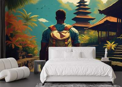 Man backpacking in a temple in Bali, Indonedia Wall mural