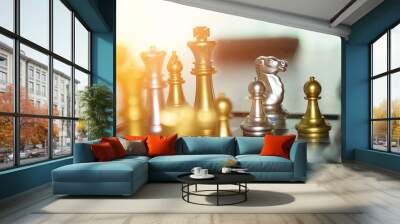 High exposure bright chess battle in business competition concept.  Two teams with only one victor in financial battle.  Investment and planning concept with copyspace. Wall mural