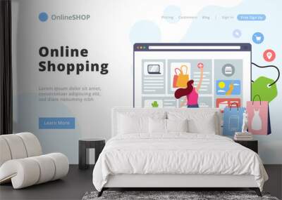 modern style online shopping landing page template. young woman shop online using web browser. easy  Wall mural